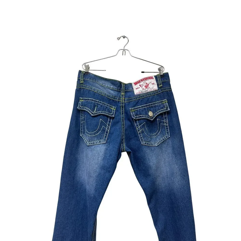 Authentic True Religion Mens Jeans Green Stitch y2k Medium Wash Size 40 FLAWED